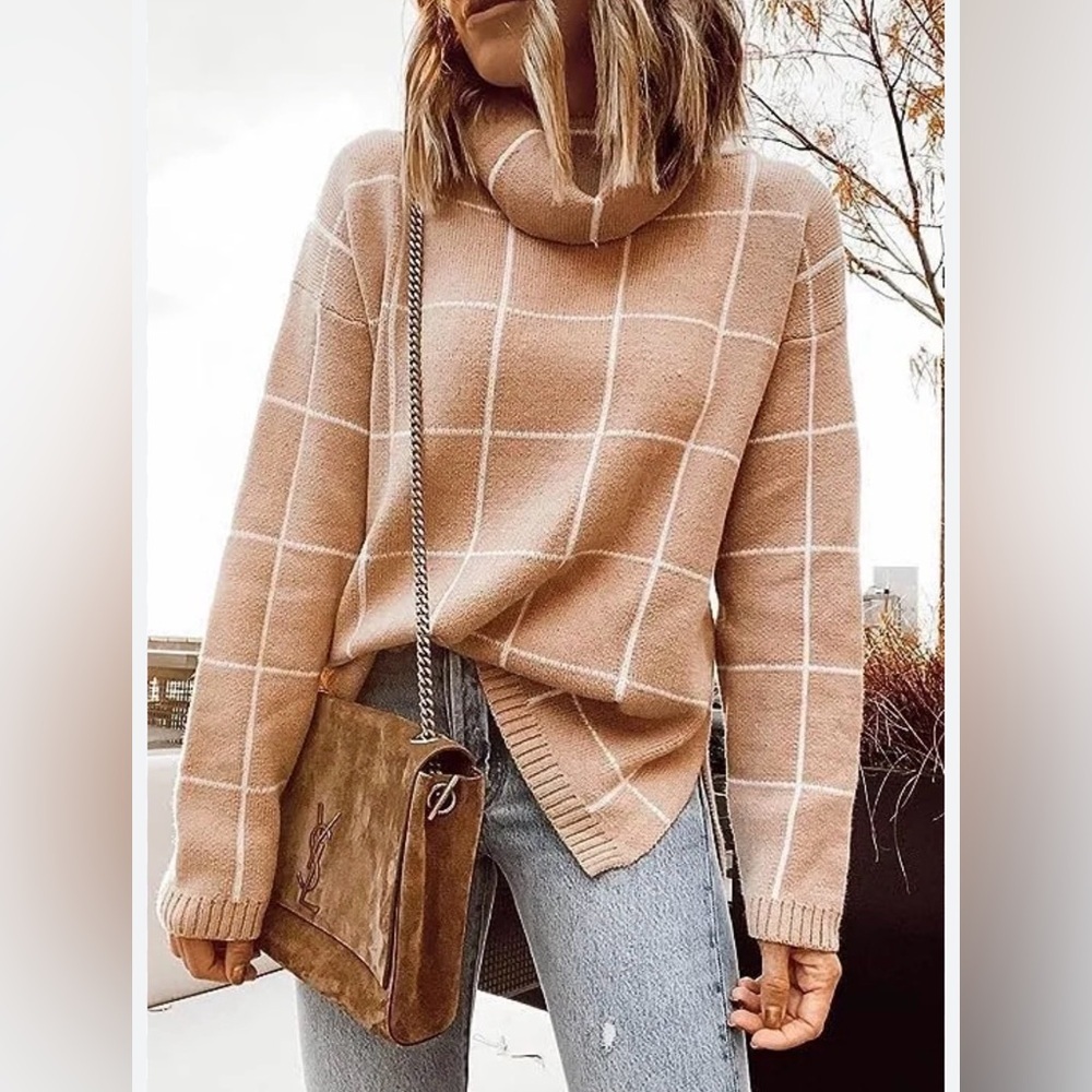 Cozy Windowpane Funnel Neck Tan/ White Turtleneck Sweater, Size L